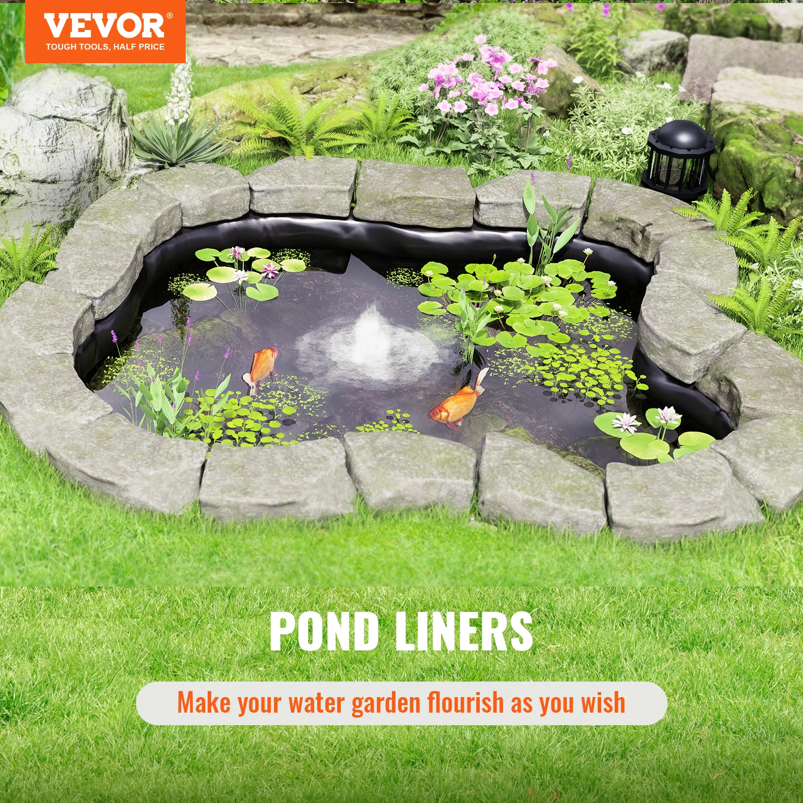 VEVOR Pond Liner, 30 x 35 ft 45 Mil Thickness, Pliable EPDM Material Pond Skins, Easy Cutting Underlayment for Fish Ponds