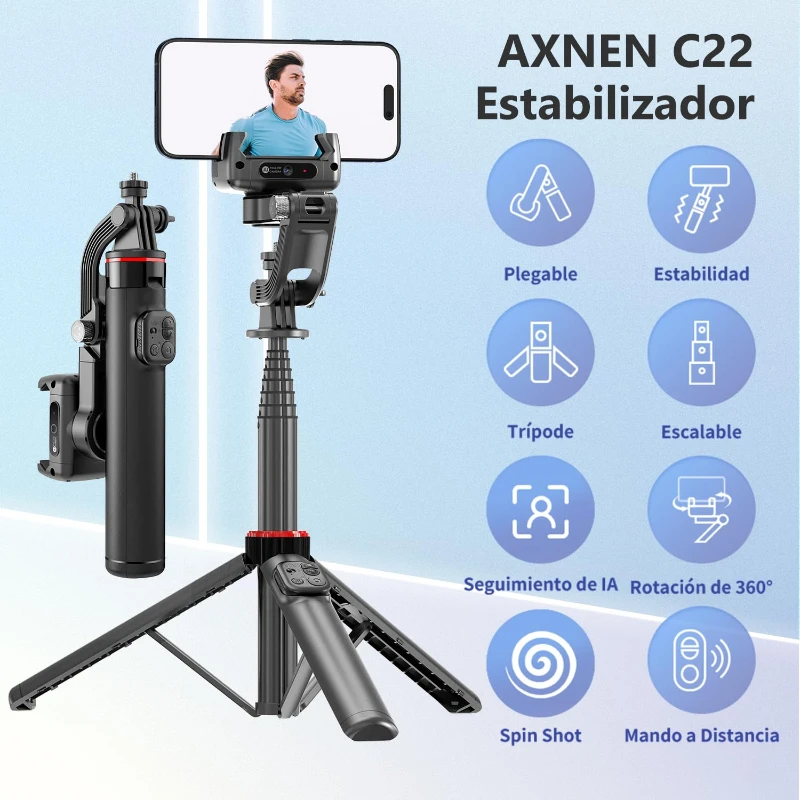 C22 AI Phone Tripod Stabilizer 2-Axis Selfie Stick Gimbal for Phones with AI Tracking, 360° Rotation for Android and IPhon