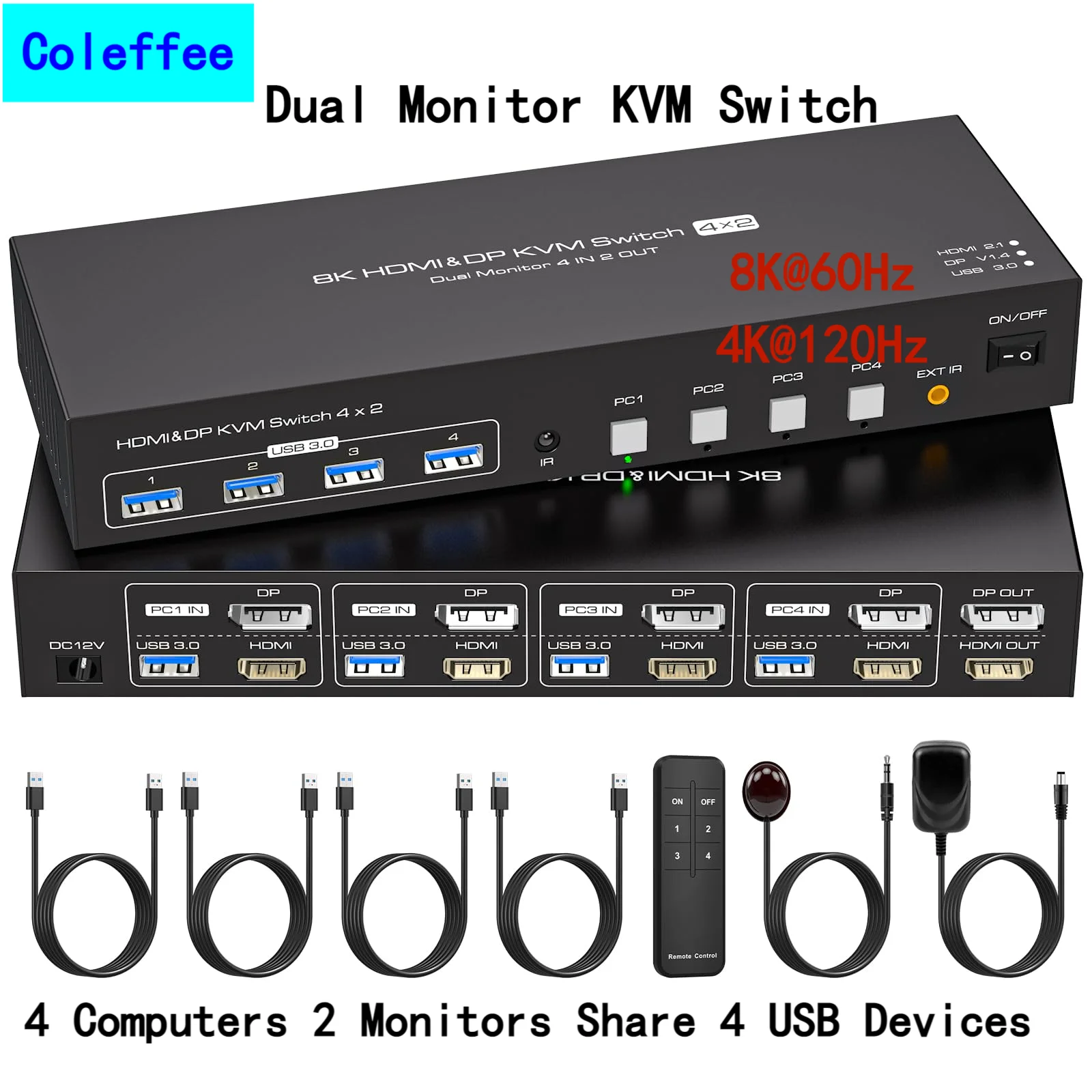 

NEW 8K 60Hz HDMI DP KVM Switch 2 Monitors 4 Computers 4K 144Hz Dual Displayport USB 3.0 Switcher for 4 PC Share Keyboard Mouse