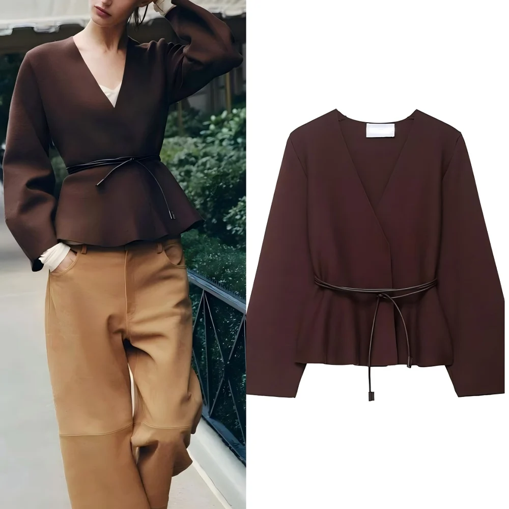 

Women's autumn new fashion With Belt casual comfortable V-neck knitted Coat retro long sleeved women's Coat chic top