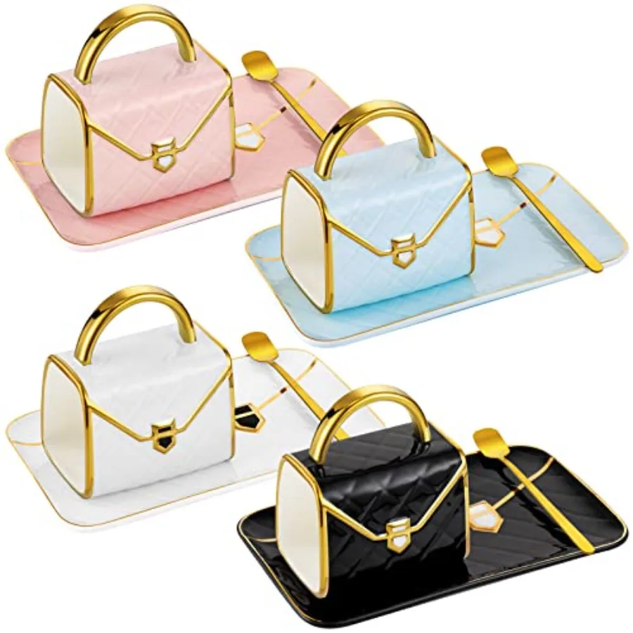 

Набор кофейных кружек в форме сумочки - 4 комплекта кружек для кофе с блюдцем и ложкой, 10 унций/310 мл - Милые керамические креативные чайные чашки для женщин и девушек