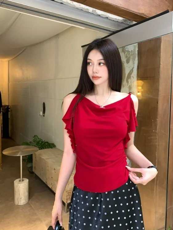 

plus Size Women's Shoulder Bared Short Sleeve T-shirt Ruffle Hem Korean Style Slimming Design Casual Summer Top