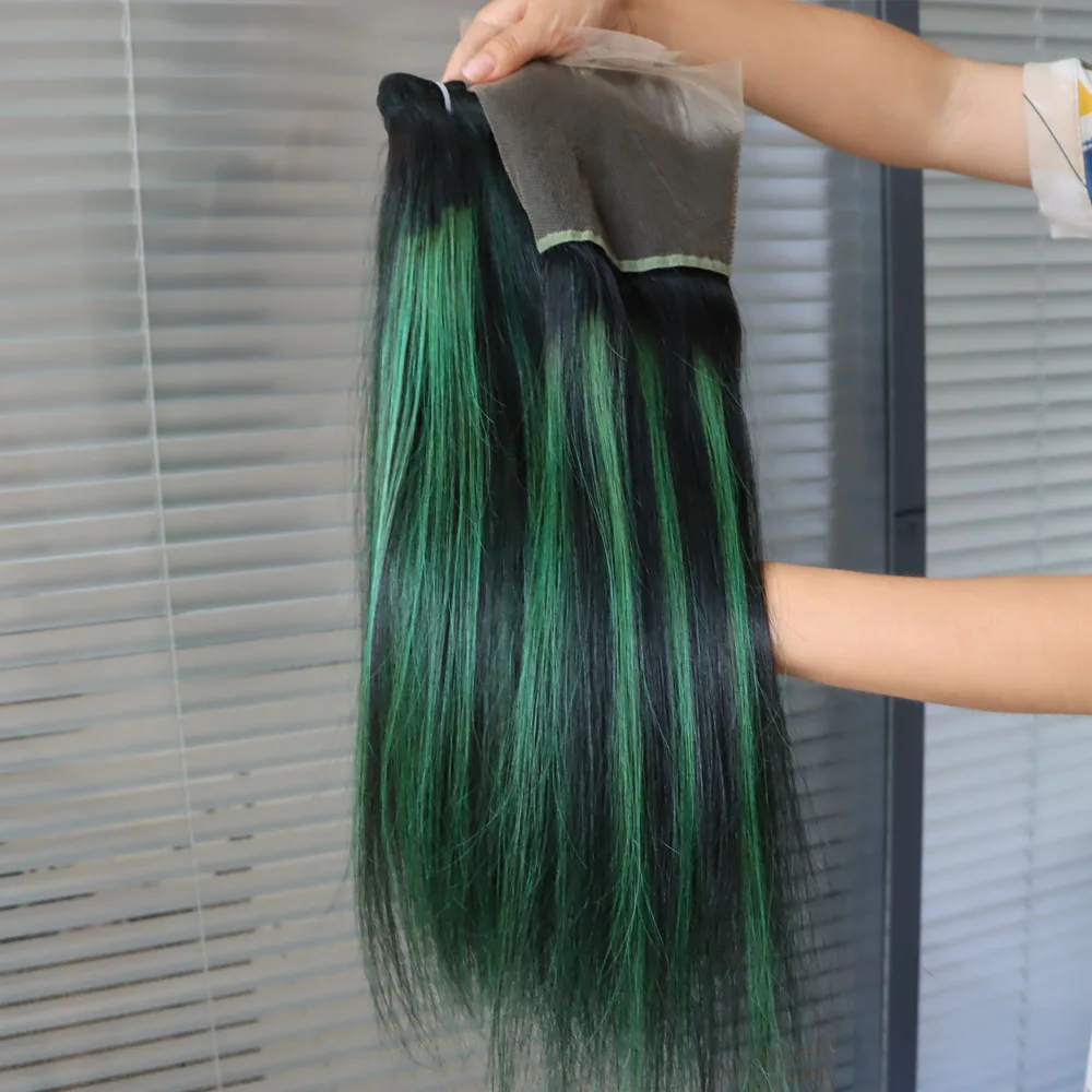 الجملة لحمة شعر بشري هندي و 4x4 5x5 13x4 13x6 الدانتيل إغلاق أمامي عذراء ريمي تسليط الضوء على البيانو اللون 1B الأخضر كامل الرأس