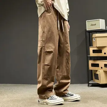 용수철 단색 패션 순면 스트레이트 바지, 하이 스트리트 캐주얼 루즈 포켓, 패치워크 드로스트링 바지, 가을