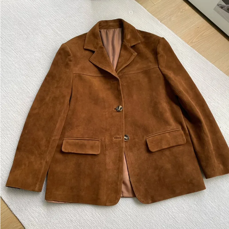 2024 New Brown Real Leather Women Suede Coat Button Outfit Spring Autumn Women Fashion Female Outwear