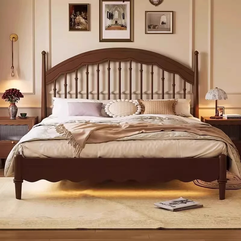 Medieval Windsor Bed Vintage American Style 3DWave Carving Craftsmanship Double Bed Solid Wood Furniture Bedroom Frame Structure