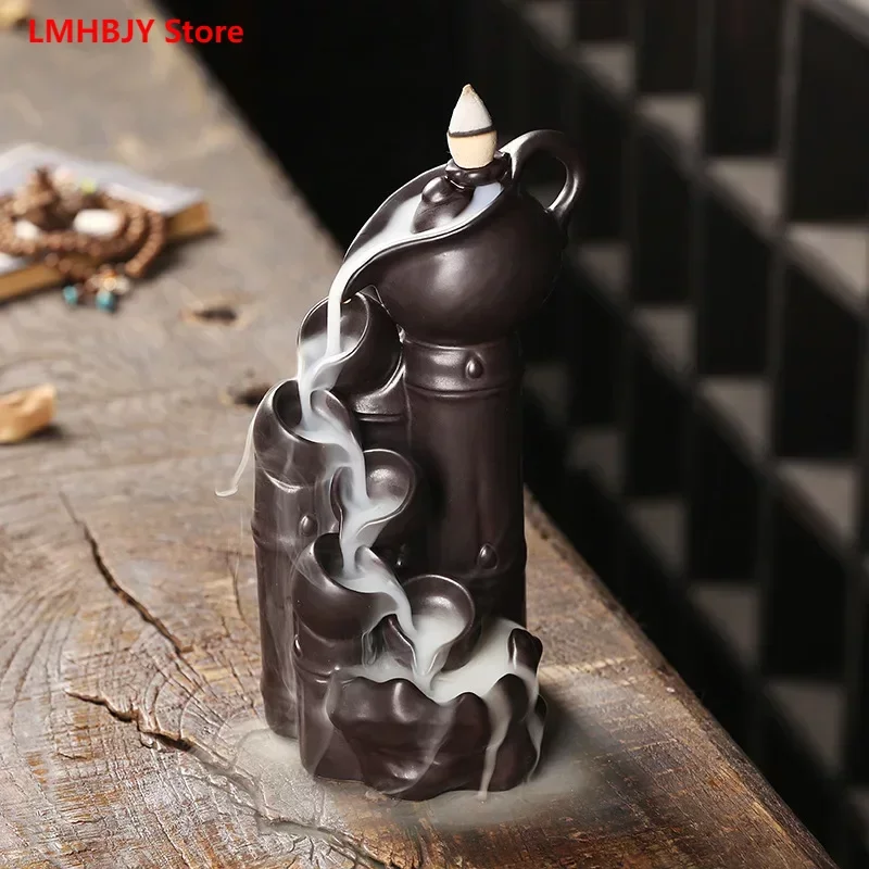 

LMHBJY Ceramic Smoke Reflux Aromatherapy Stove Bamboo Stone High Mountain Flowing Waterfall Backflow Incense Stove Decoration