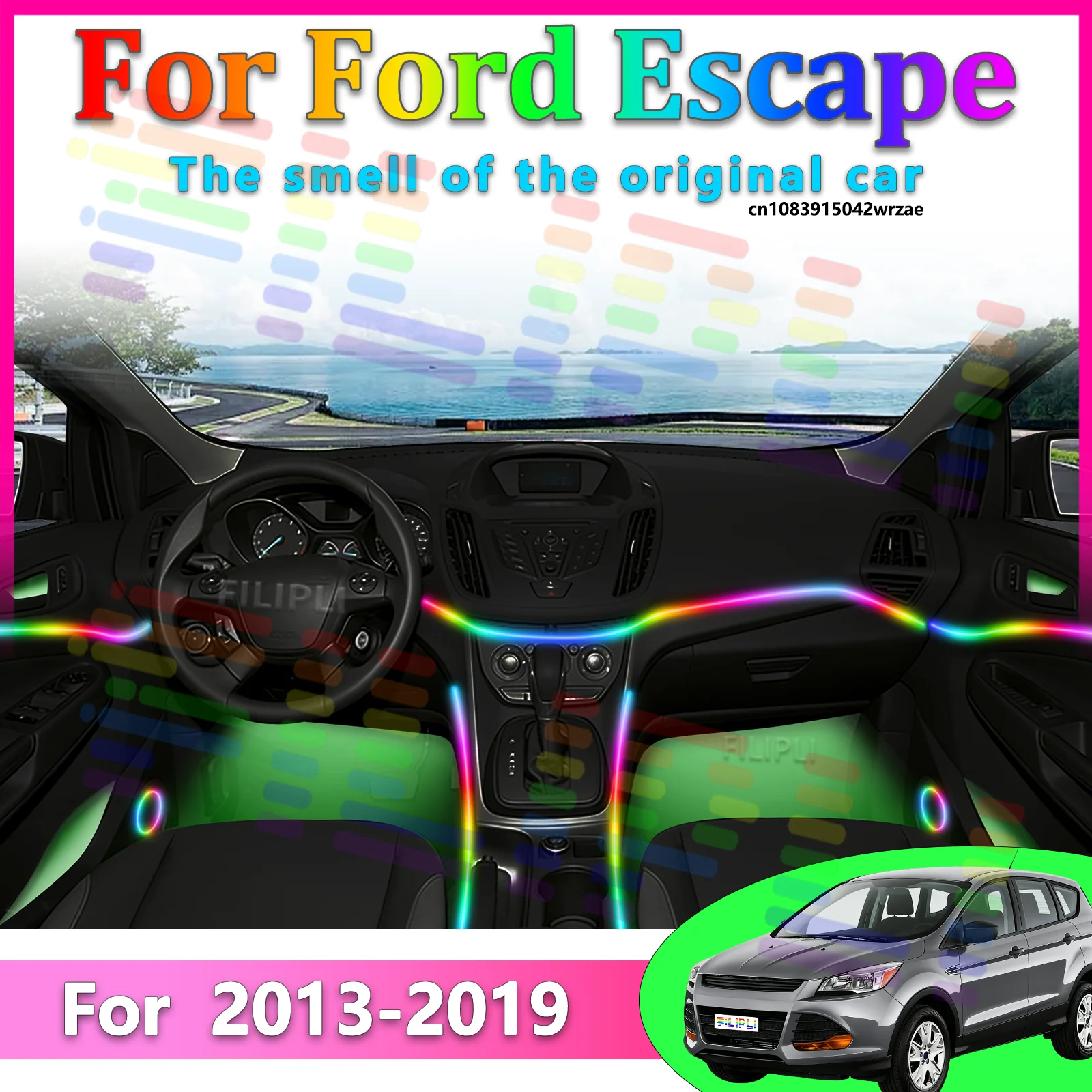 

Для Ford Escape 2013-2019: Светодиодные атмосферные лампы, цветная подсветка салона, неоновые полосы с управлением через приложение, 64 RGB-цвета