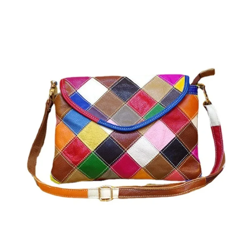 Genuine leather cowhide women\'s bag fashionable niche design colorful plaid cosmetic bag crossbody ladies shoulder small bag