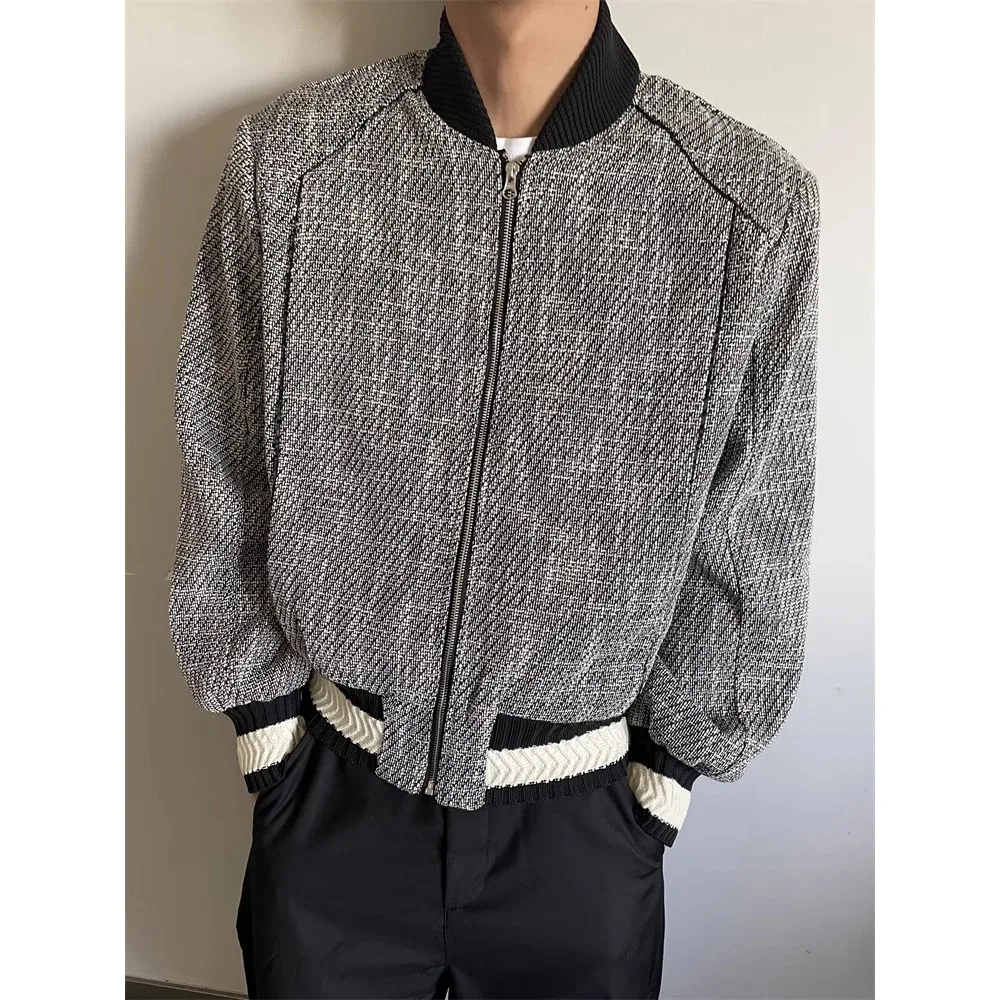 

American Tweed Knitted Men's Jacket, Zip Up Short Baseball Jacket for Man Woman, Streetwear Coat Y2k Mans Clothes