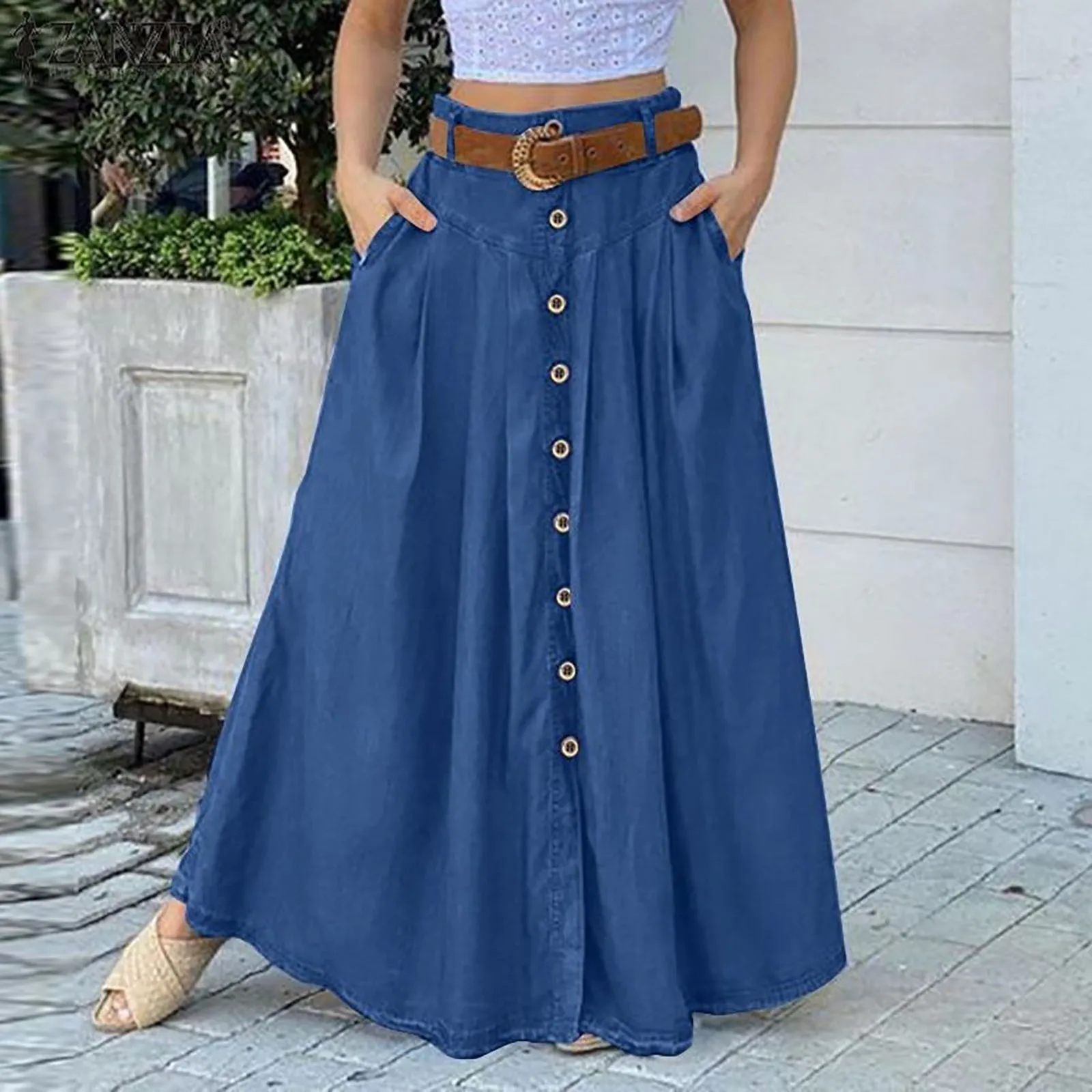 

Summer Women Button Long Maxi Skirts Elegant High Waist Knee Length Skirt With Pockets Retro A-Line Pleated Cotton Midi Faldas