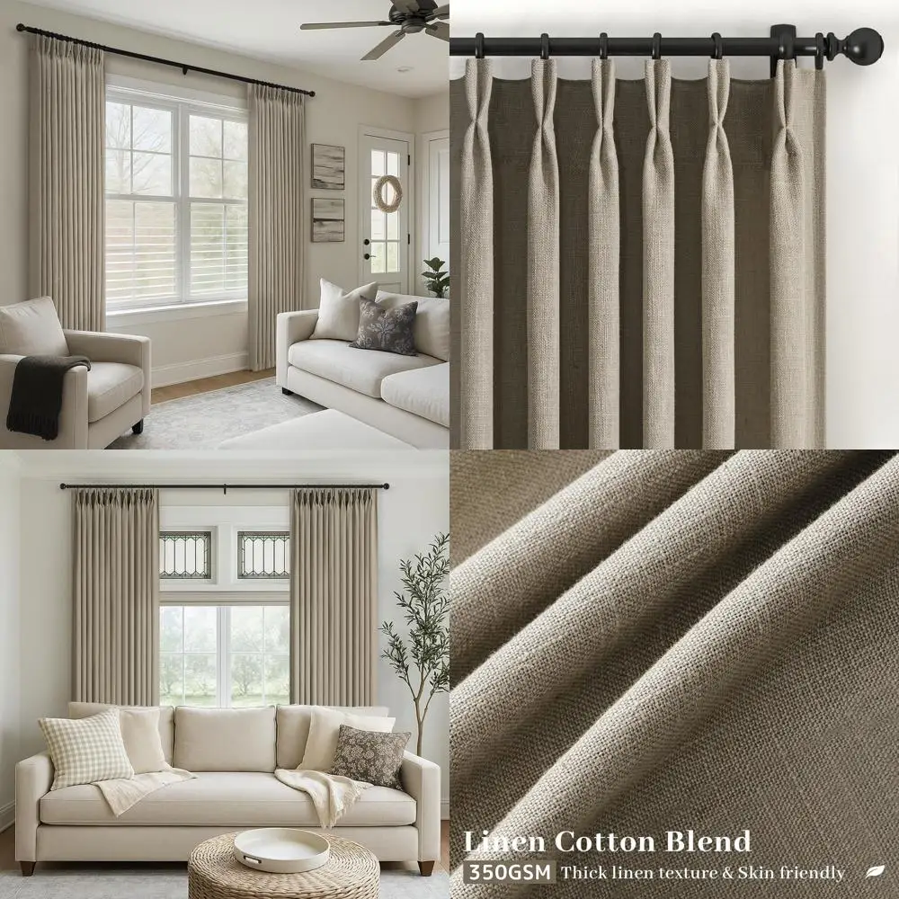 

Rustic Farmhouse Linen Pinch Pleat Curtains, 96 Semi-Sheer, 2-Panel Set for Living Spaces