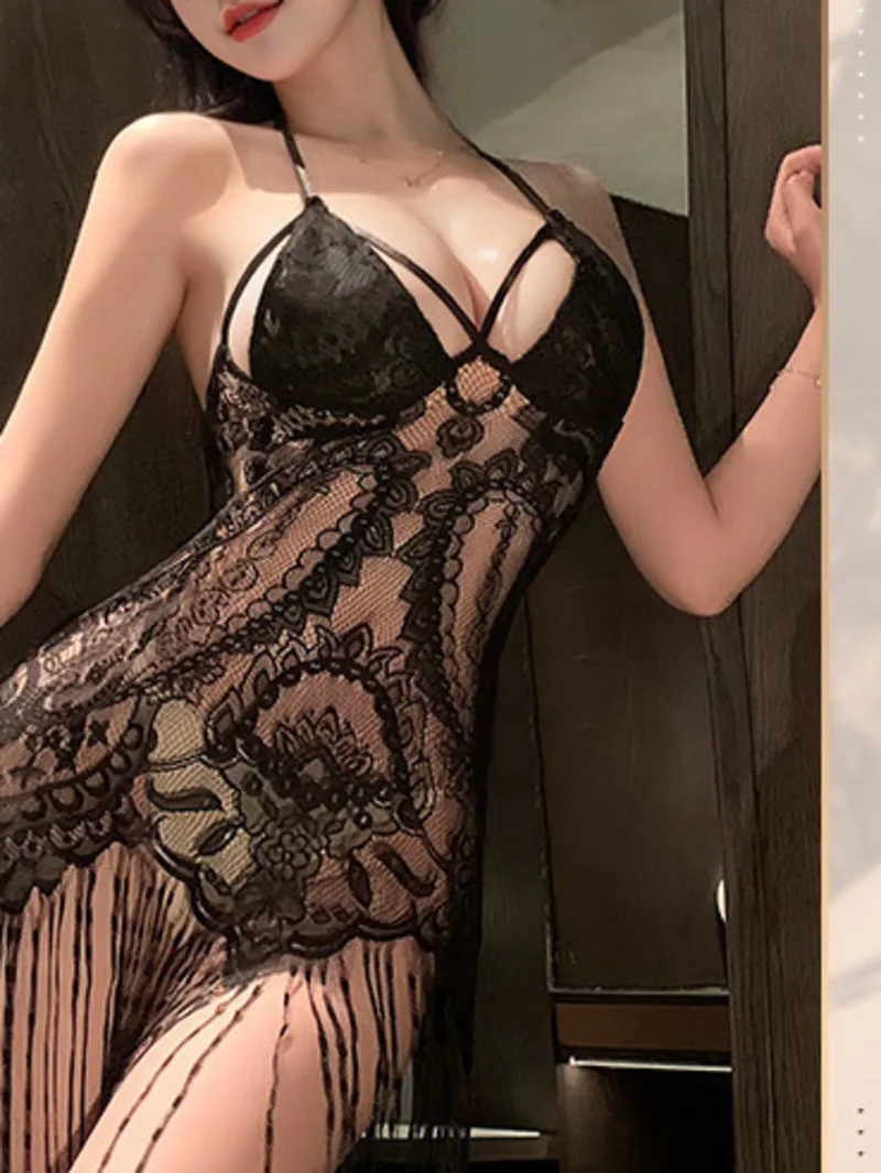 Midnight Tassel Perspective Sleeping Tank Mini Dress V Neck Hot Sexy Women Sheer Mesh Sexy Pure Desire Dress Elegant AXO7