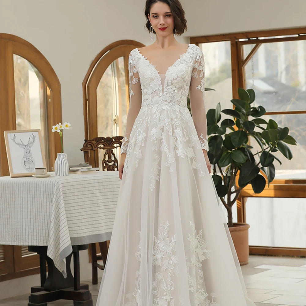 Robe de Mariée en Dentelle à Col en V et Manches sulf, Vêtement Éducatif à lèvent, Prix Surprise, Promotion, QW01113, 2024