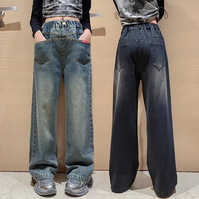 

Модные подростковые детские повседневные брюки, широкие джинсы для девочек, новые весенние детские прямые джинсовые брюки с пуговицами, свободные