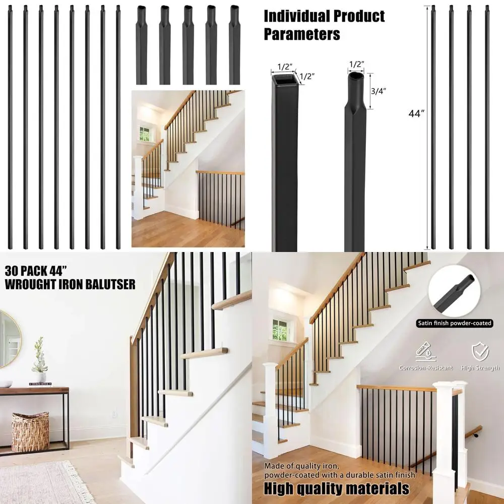 

Набор из 30 квадратных полых железных балясин, 1/2 x 44, матовый черный, для перил террас и лестниц