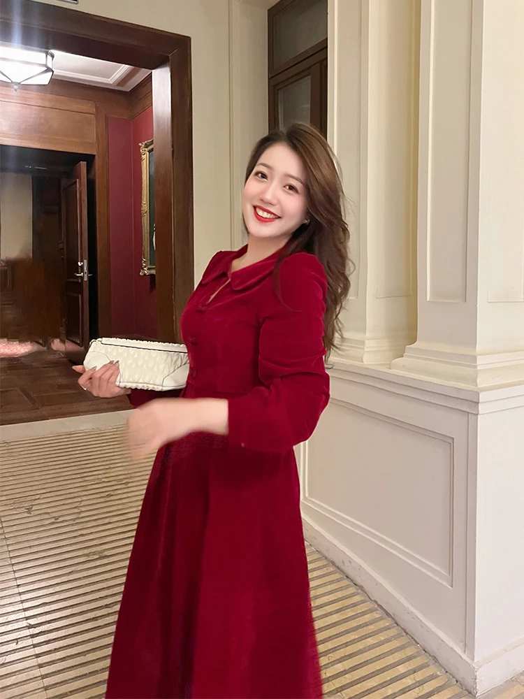 

Вельветовое платье больших размеров в китайском стиле, весеннее, с завышенной талией, стройнящее, для церемоний, для женщин больших размеров, в стиле ретро, с рукавами-фонариками