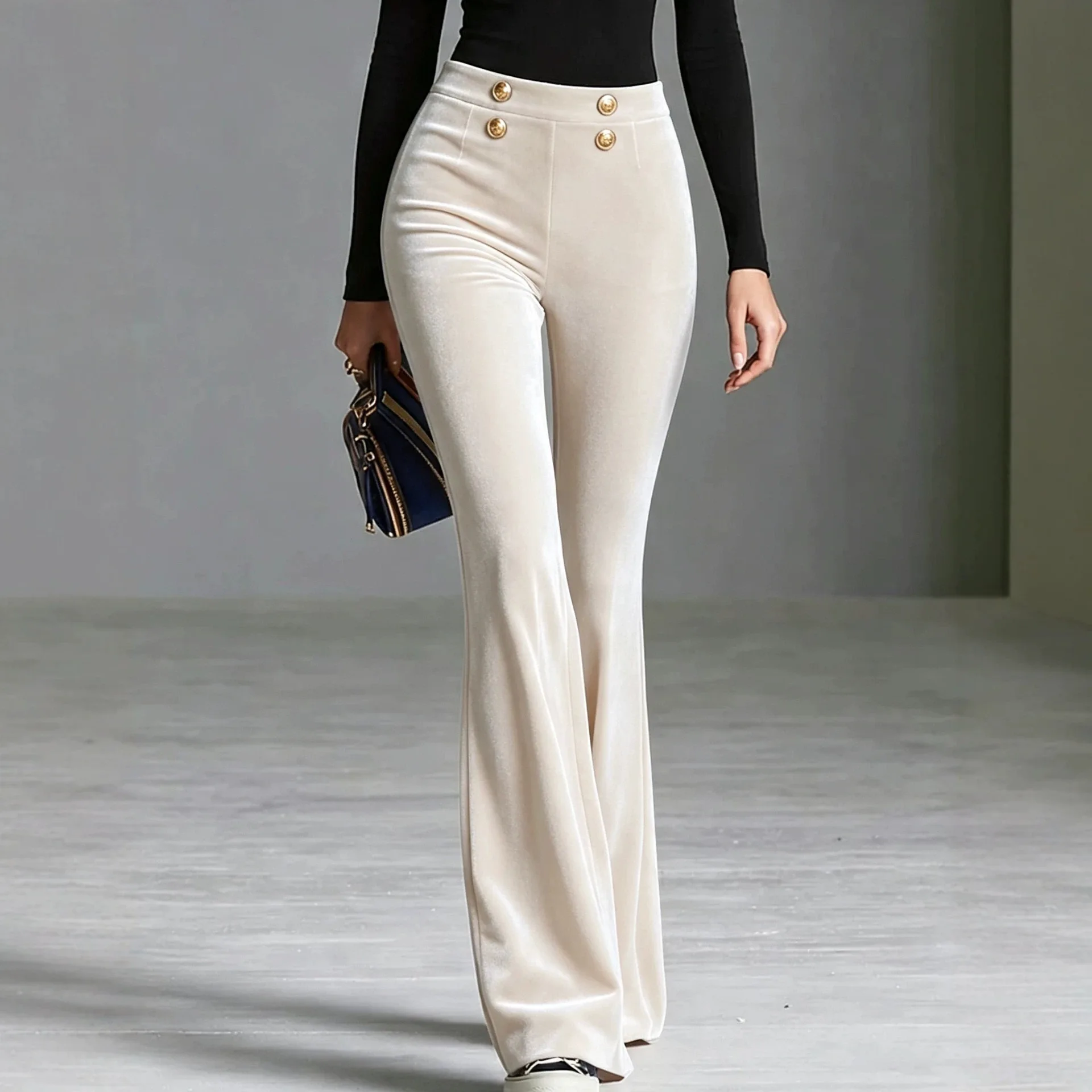 European and American cross-border golden velvet pull-up pants women's high-waisted double-row slim-fitting velvet fla