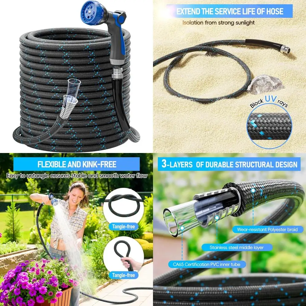 

Flexible 100ft Garden Hose with 8-Pattern Spray Nozzle, Lightweight Non-Expanding Stainless Steel, Durable and Easy to Use