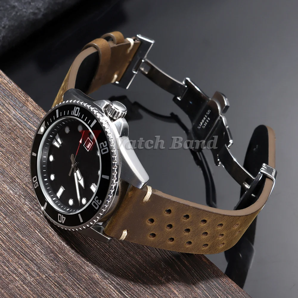 New Porous Breathable Cowhide Watch Strap Butterfly Buckle Vintage Soft Watch Band 18mm 19mm 20mm 21mm 22mm 24mm Business Bands