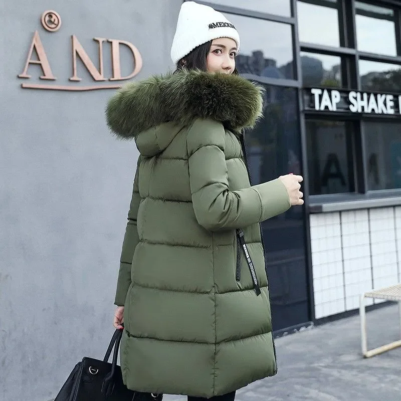 

Winter Parka Women 2026 Thick Warm Cotton Padded Hooded Coat Female Outwear with Fur Collar Basic Jacket