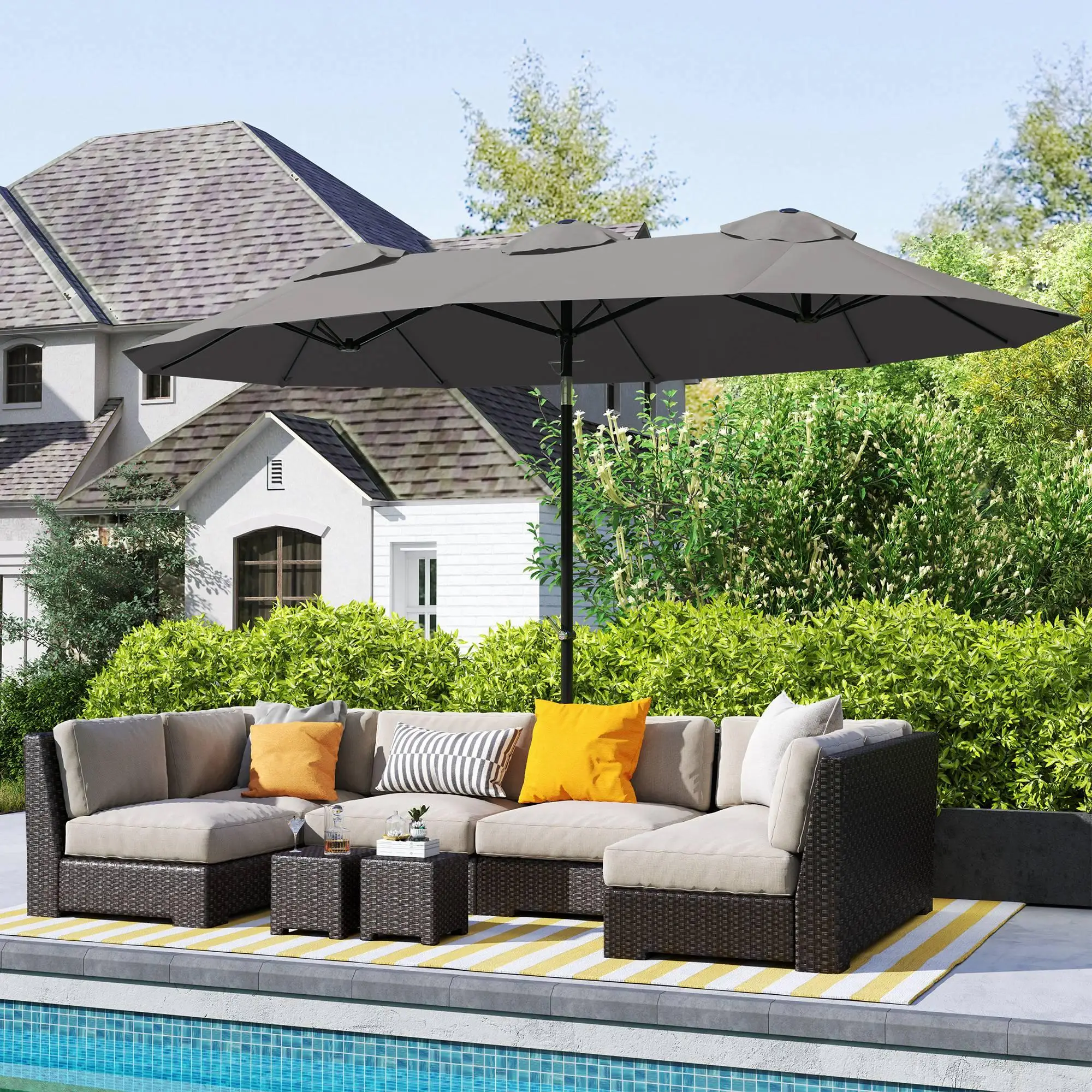 Parasol double pour terrasse 295x152x222cm avec Manivela 45 °   Inclinable en polyester et acier gris pour jardin et balcon