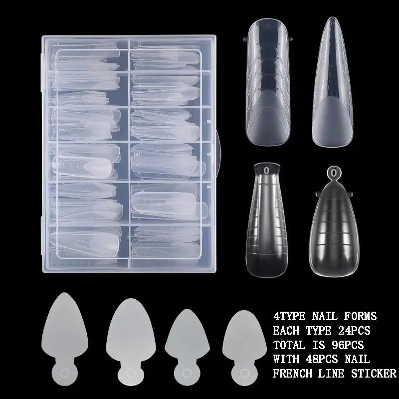 

96Pcs Fake Nail Extension Forms Top Mold With 48Pcs French Line Sticker Set Dual Form Quick Building UV Gel Mold Dual Forms Nail