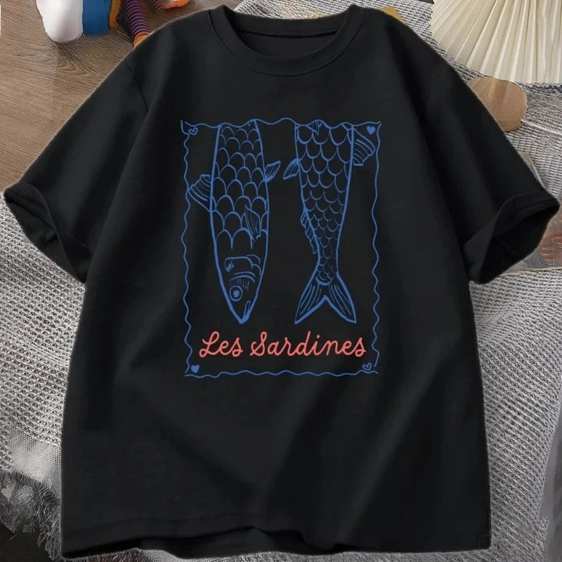 Fashion Sardine T-shirt Aesthetic Fish T-shirt Summer Short-sleeved Coast T-shirt Ocean Women's Casual Wear T-shirt Graphic Y2K