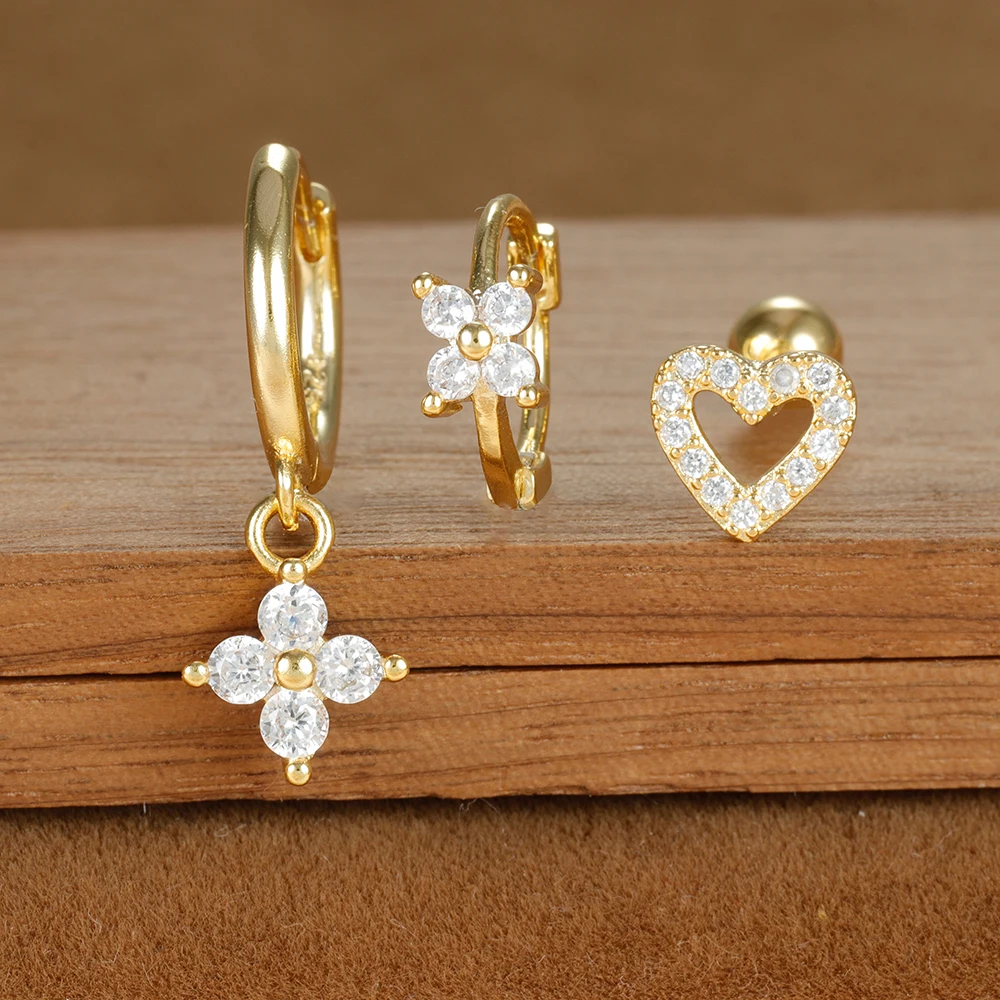 Vintage Gold Color Zircon Flower Pendant Hoop Earrings Set for Women Stainless Steel Fashion Huggies Piercing Jewelry aretes