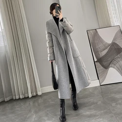 2024 Winter Fashion European Women Down Jacket Large Lapel Double Sided Cashmere Splice High End Long 95% White Duck Warm Coat