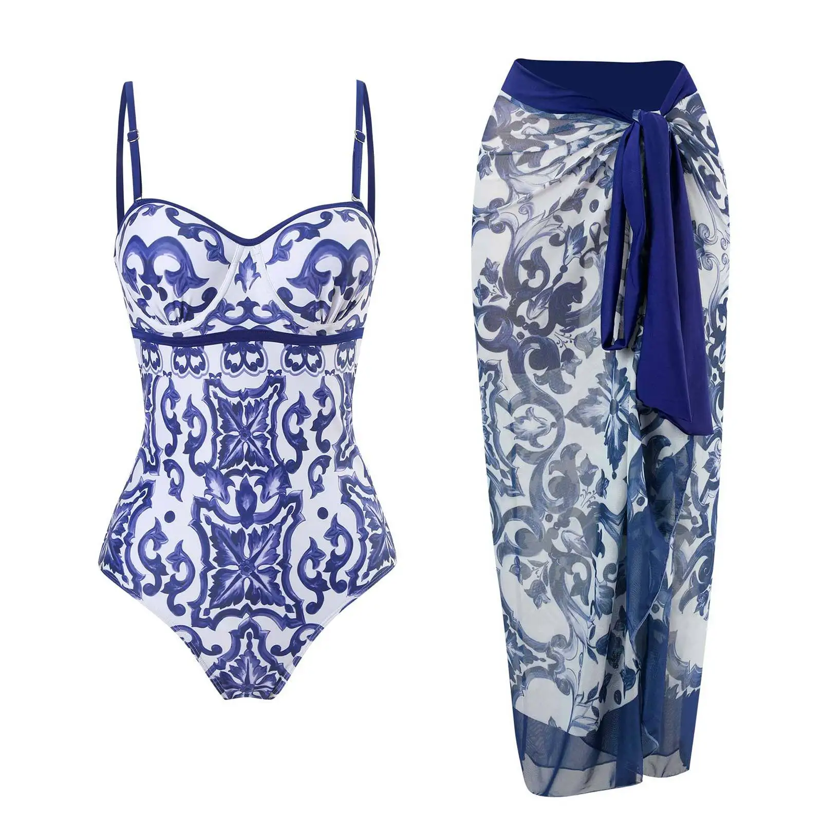 Strppy Swimsuit One Piece With Beach Dress 2026 Push Up Printed Swimwear Women Beachwear Bathers Swimming Bathing Swim Suit XL