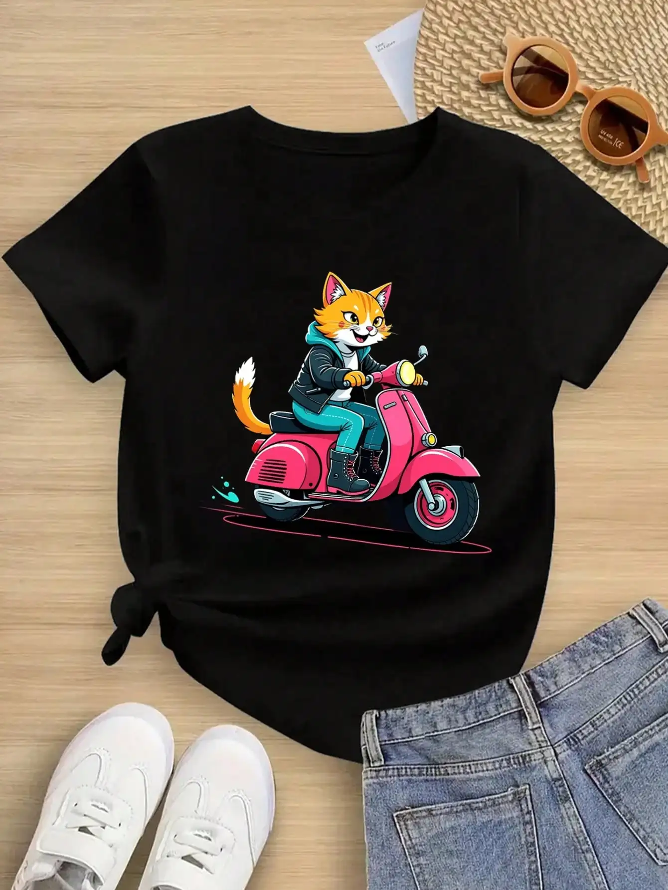 

Boys/Girls Summer Cool Animal Cotton Graphic Tees, Black Casual Summer Tops With Cat Riding Scooter