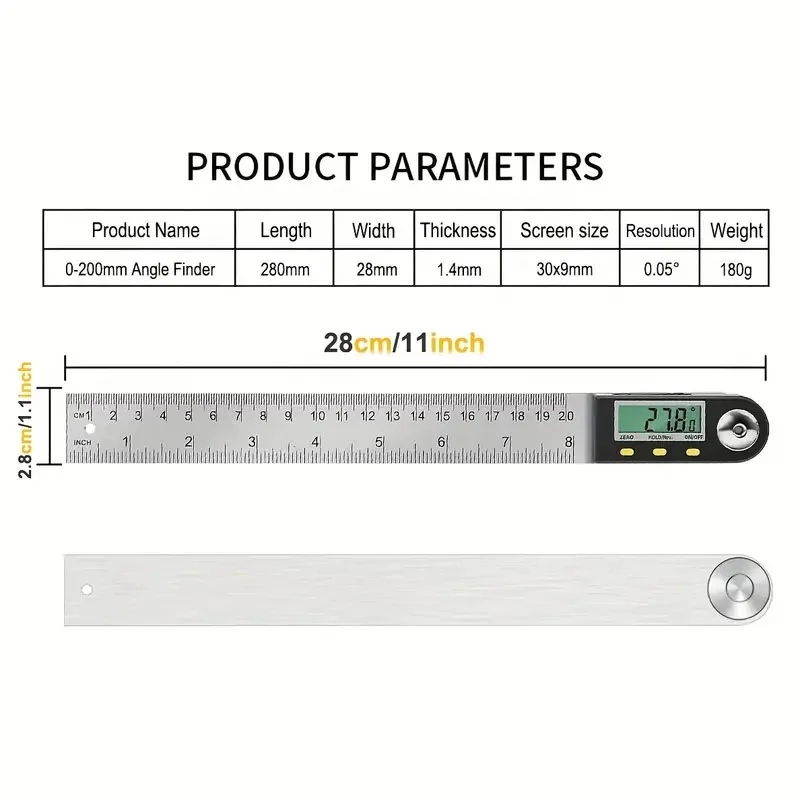 200mm Electronic Protractor Stainless Steel Digital Angle Ruler Inclinometer Angle Finder Digital Angle Gauge Measuring Ruler