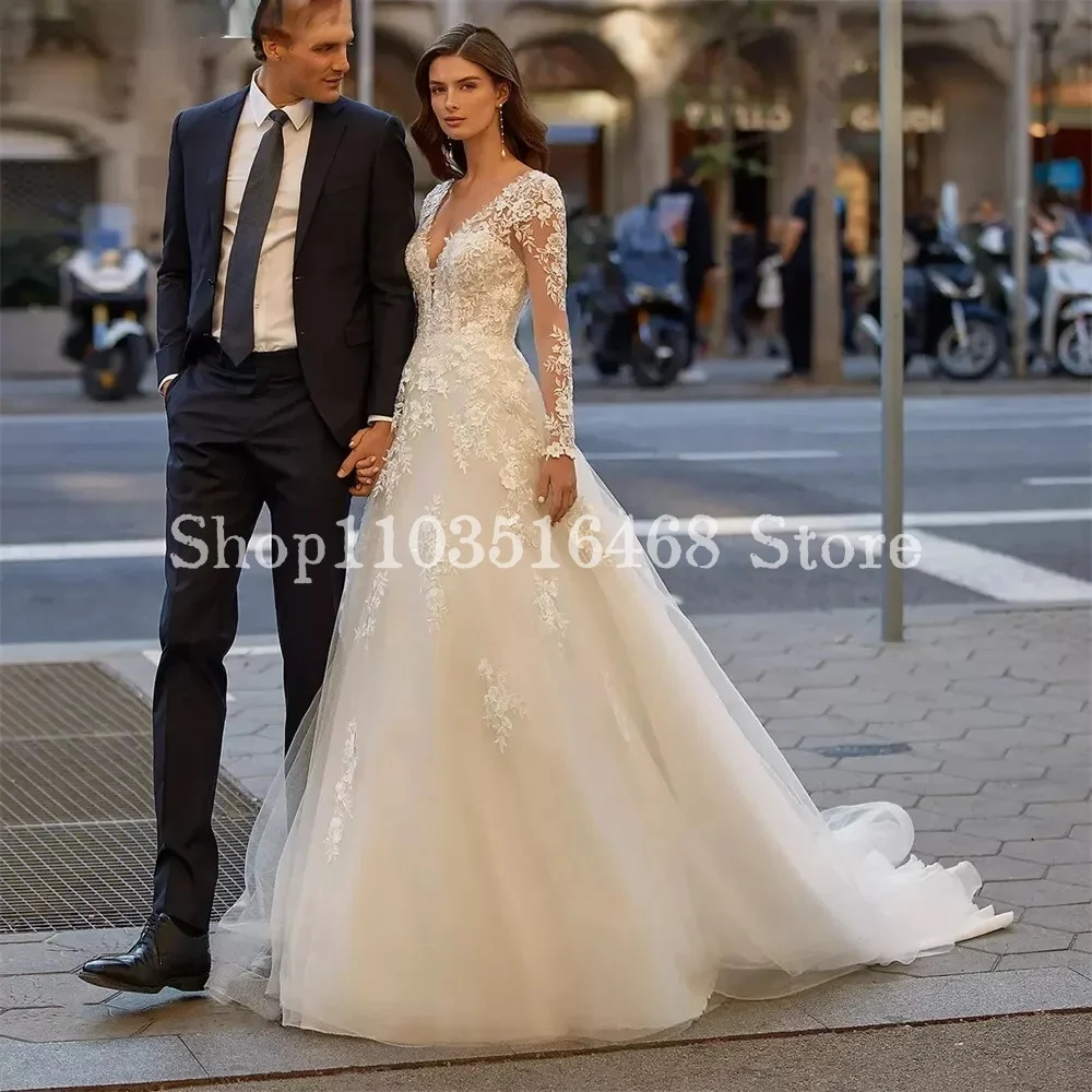 Vestidos de novia de seda elegantes, vestidos de novia personalizados, apliques huecos de encaje, manga larga, ocasión Formal, línea A