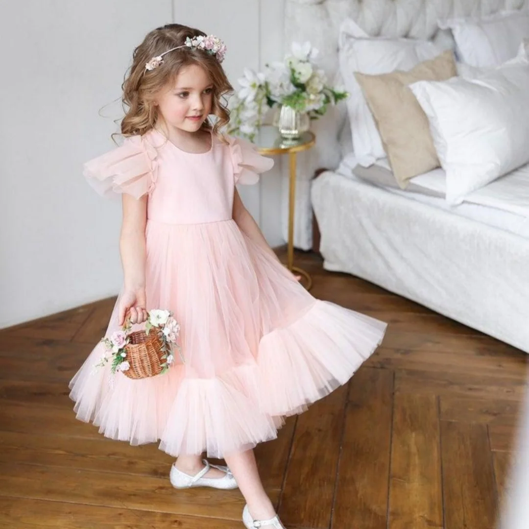 

Girl's Pageant Dress Long Tulle Flower Girl Dresses Sleeveless Appliques Ball Gown for Wedding Party Dresses