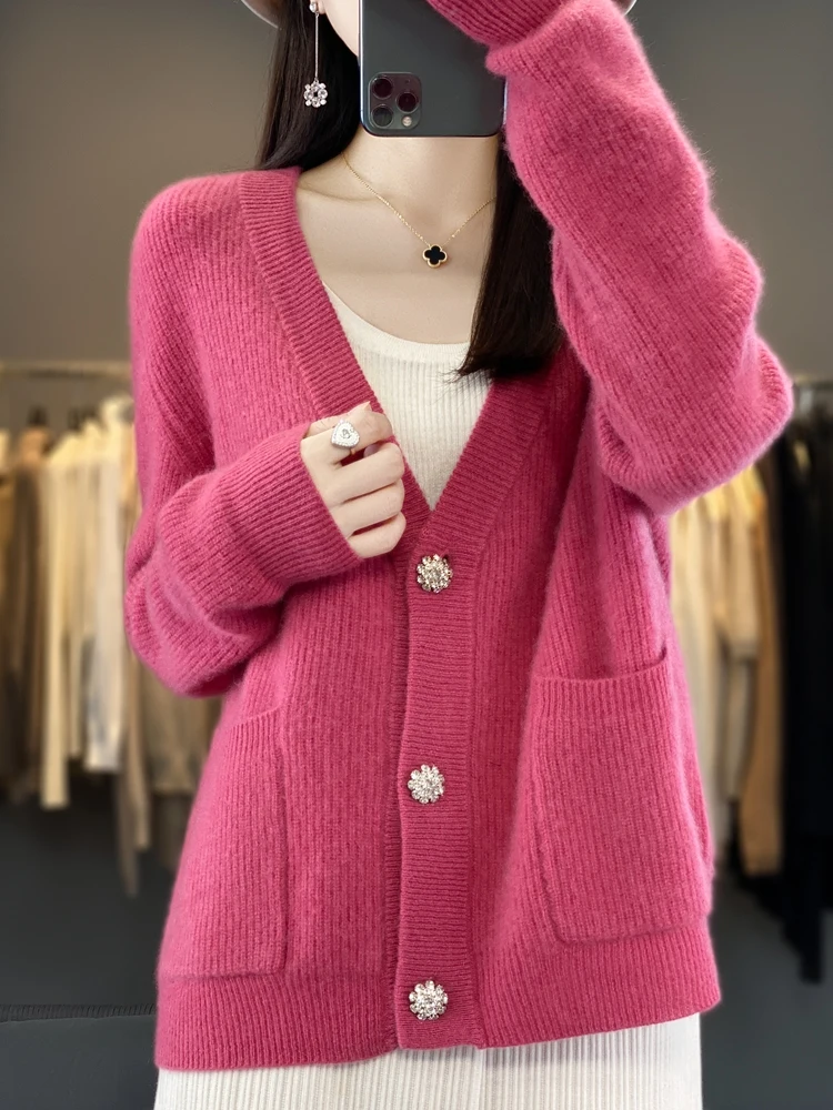 New Women V-Neck Cardigan 100% Merino Wool Sweater Loose Cashmere Knitwear Coat Spring Autumn Winter Long Sleeve Female Clothing