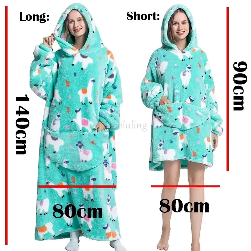 Super Long Oversized Winter Sherpa Blanket Plush Flannel Warm Family Matching Hoodie Christmas Homewear Avocado Women Sweatshirt