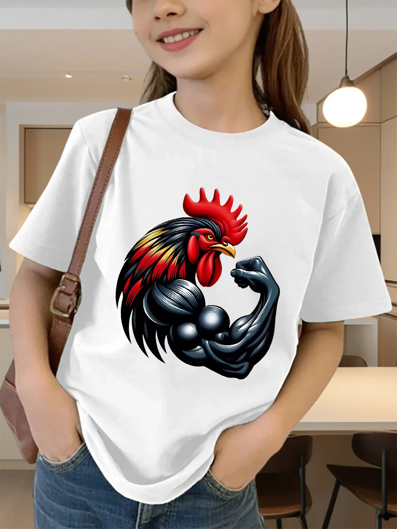 Cute Muscular Strong Rooster Print Graphic Kids Tee Boys Girls Family Matching Cotton Crew Neck Short Sleeve Soft Summer Tee