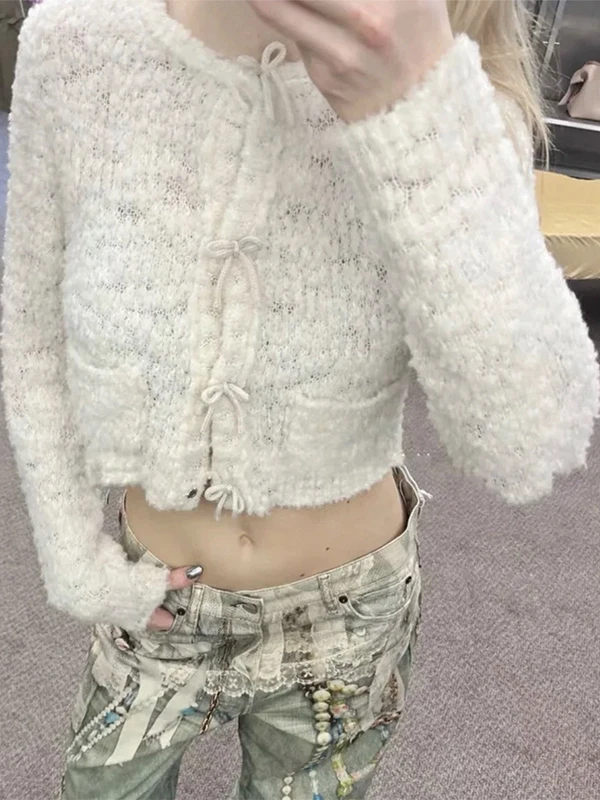 

AC Early Autumn White Bow Knot ort Sweater Cardigan Women's Sweet Slimming Faionable Luxury Woolen Knitted Top