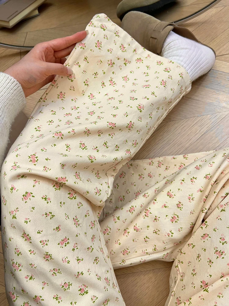 

Retro Floral Print High Waist Wide Leg Jeans Women Loose Slimming Small Size Autumn Spring Seasonal Light Colored Denim Pants
