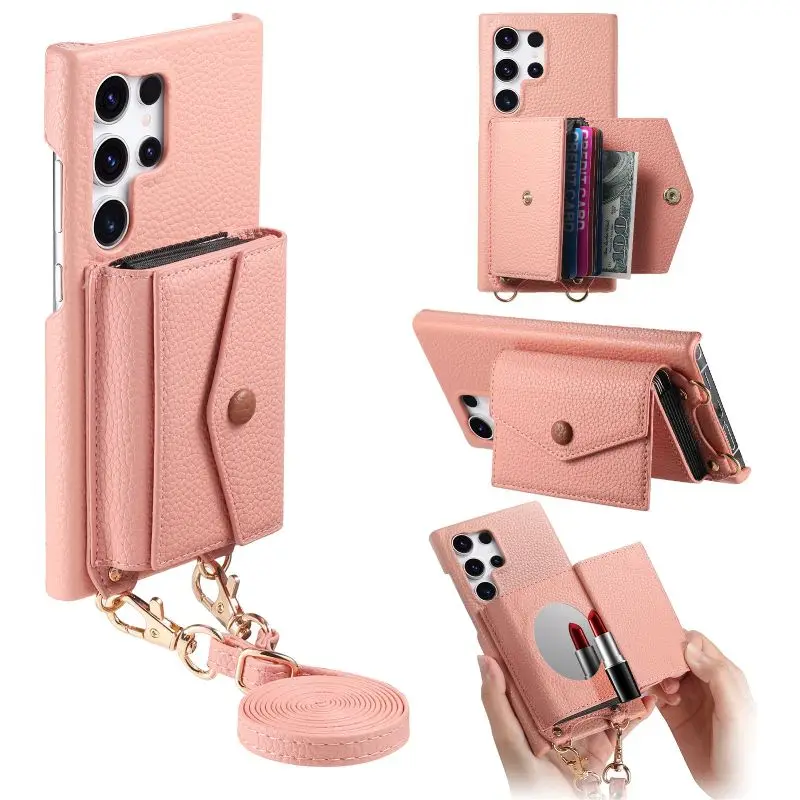 

Built-In Mirror Leather Card Wallet Case For Samsung Galaxy S25 S24 A06 A05A16 A25 A26 A34 A36 A55 A56 Adjustable Shoulder Strap