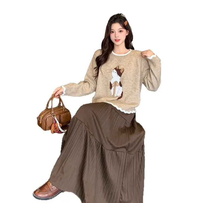 Harajuku Vintage Coffee Gray Pleated Skirt Women Spring High Waist Loose A-line Midi Skirt Casual Commut Versatile Half Skirts