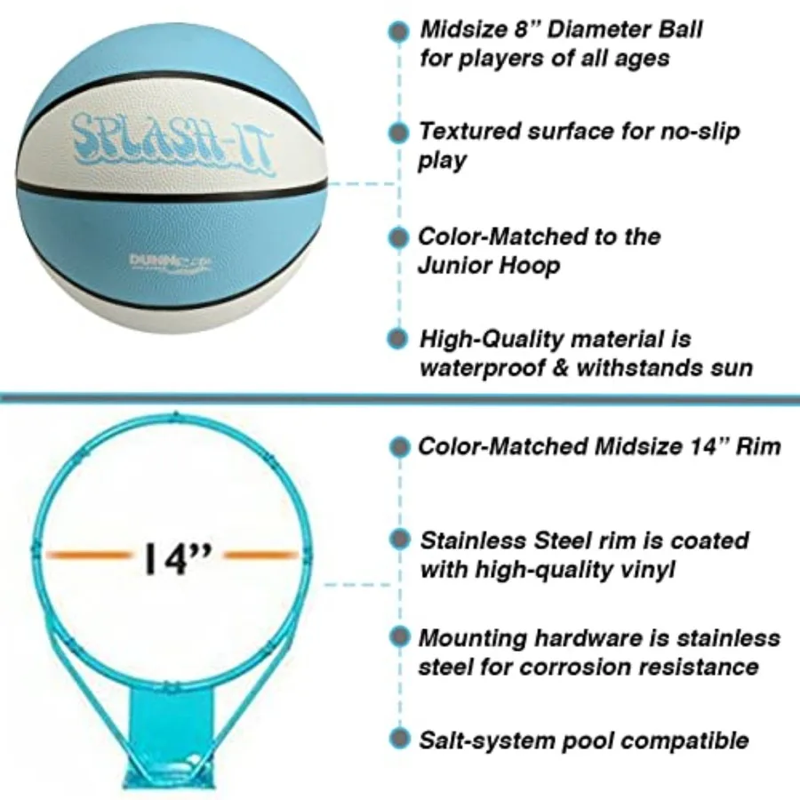 Dunn-Rite Junior Hoop Poolside Fillable Base Basketball Hoop with Ball Base and 14 Inch Stainless Steel Rim in White Ideal for