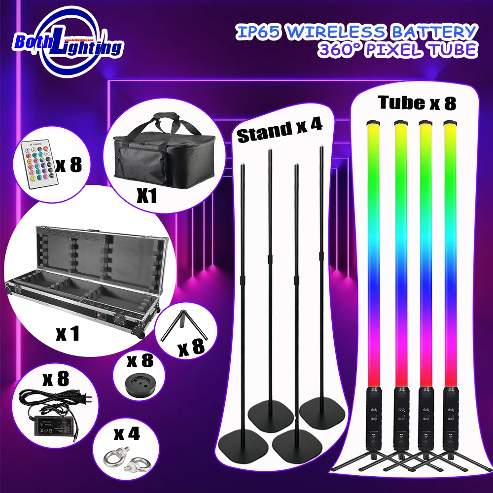 8PCS in Case Stands Battery Powered Wireless 360° Pixel LED Tube DMX512 RGBWA Stage Lights for Wedding Party Bar Club Decoration