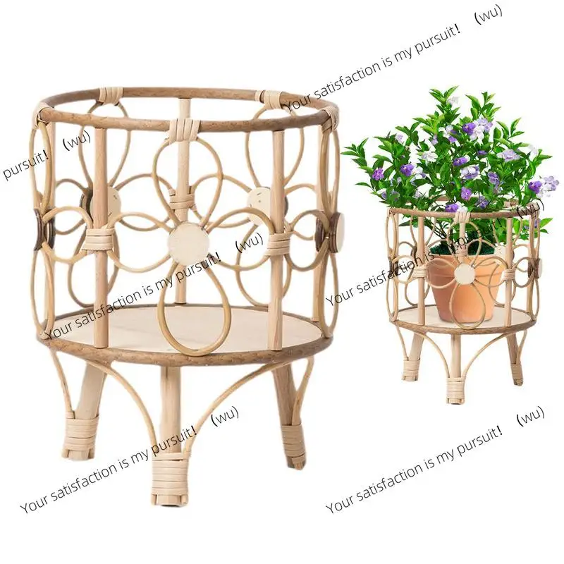 Rattan Plant Stand Hand Woven Wicker Planter with Wooden Legs Rattan Plant Display Rack Decorations For Balcony Patio