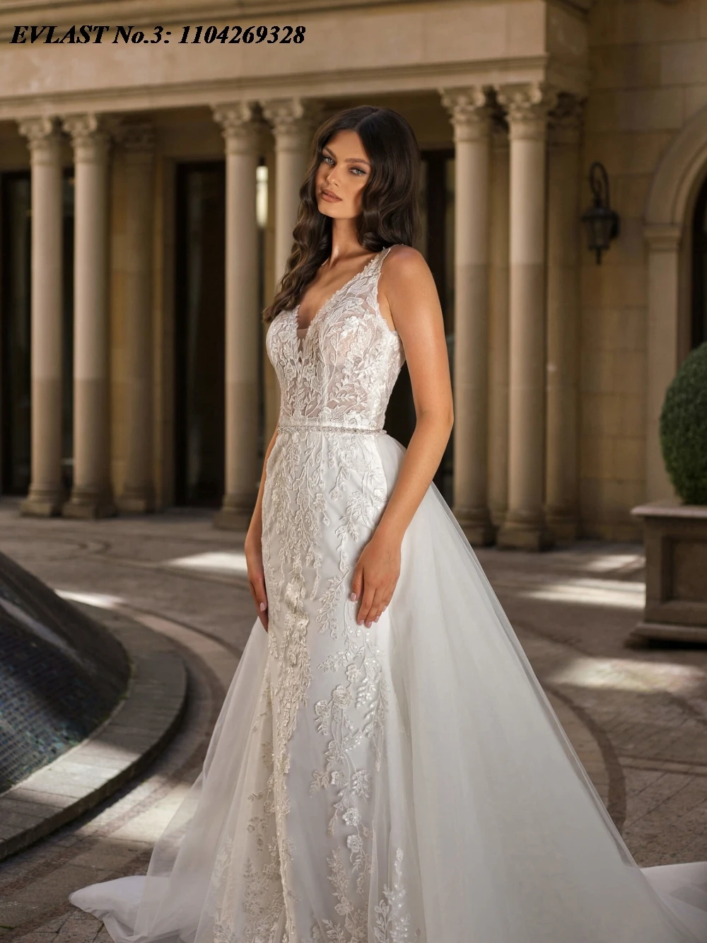 EVLAST Customized Romantic Mermaid Wedding Dress Lace Applique Detachable Train Sexy Women Bridal Gown Vestidos De Novia E3W41