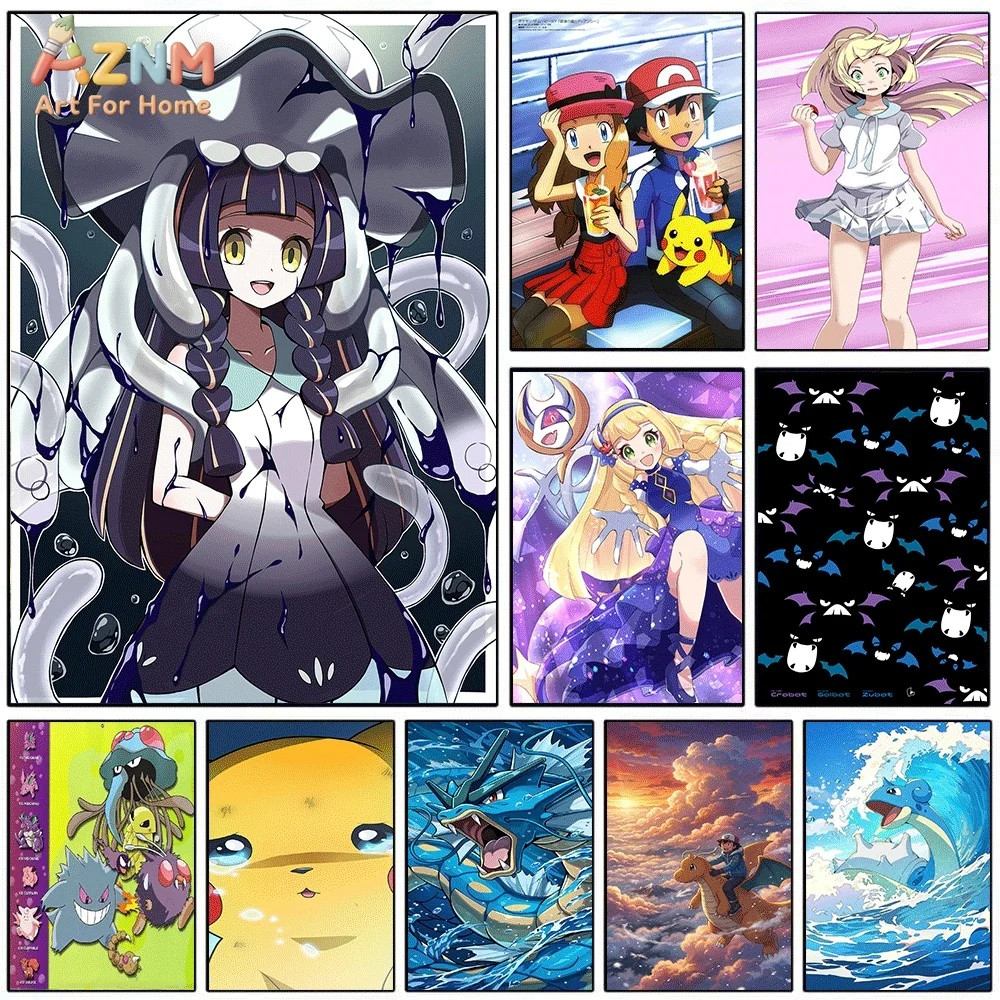 AZNM Anime Pokemon Canvas Wall Print Ash Serena Lillie Pikachu Gyarados Charizard Unframed Canvas Art Poster For Bedroom Home