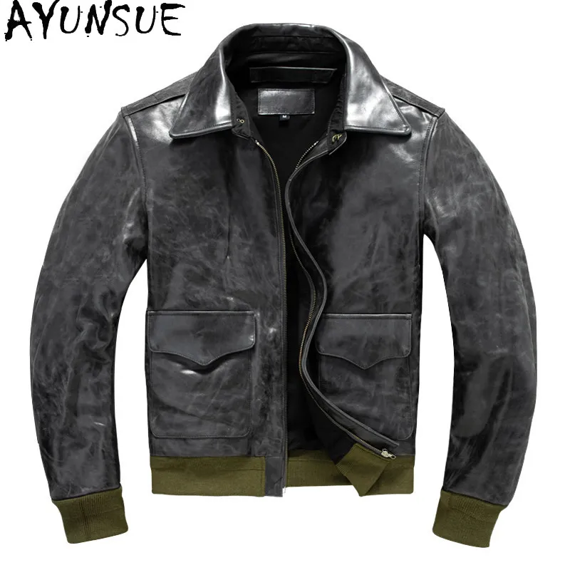 

AYUNSUE Men Top Layer Cowhide Genuine Leather Jacket 2026 Retro Real Leather Oil Wax Slim Short Coat Streetwear Casaco Masculino