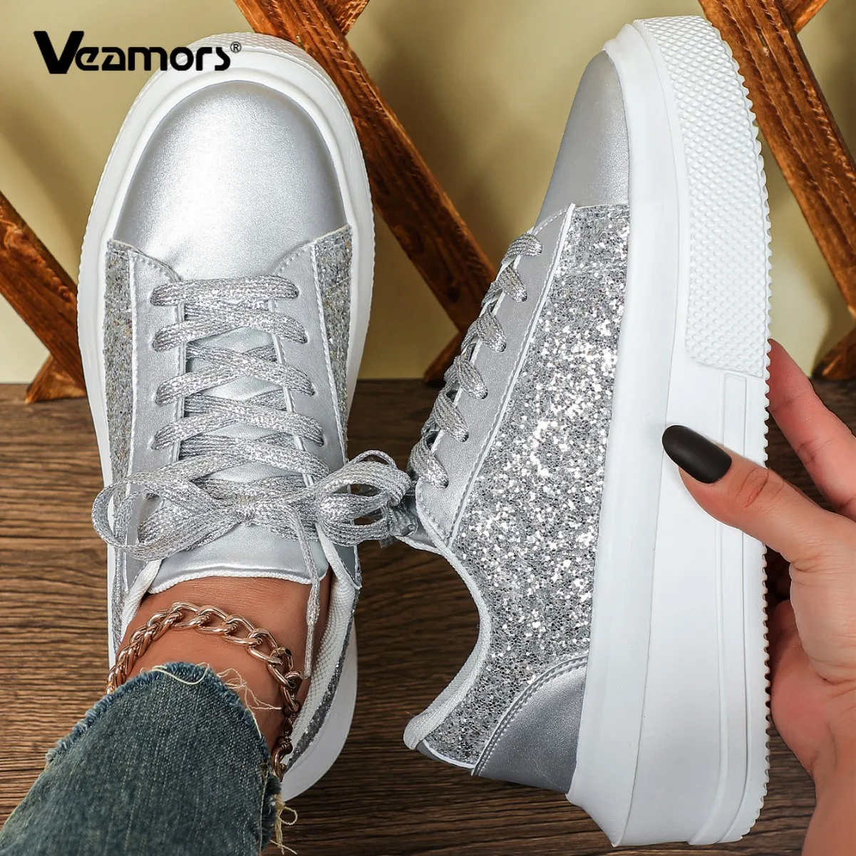 

Women's Platform Shoes Fashion Sequin Chunky Shoes PU Leather Casual Sneakers Round-toe Walking Shoes Daily Versatile Footwear