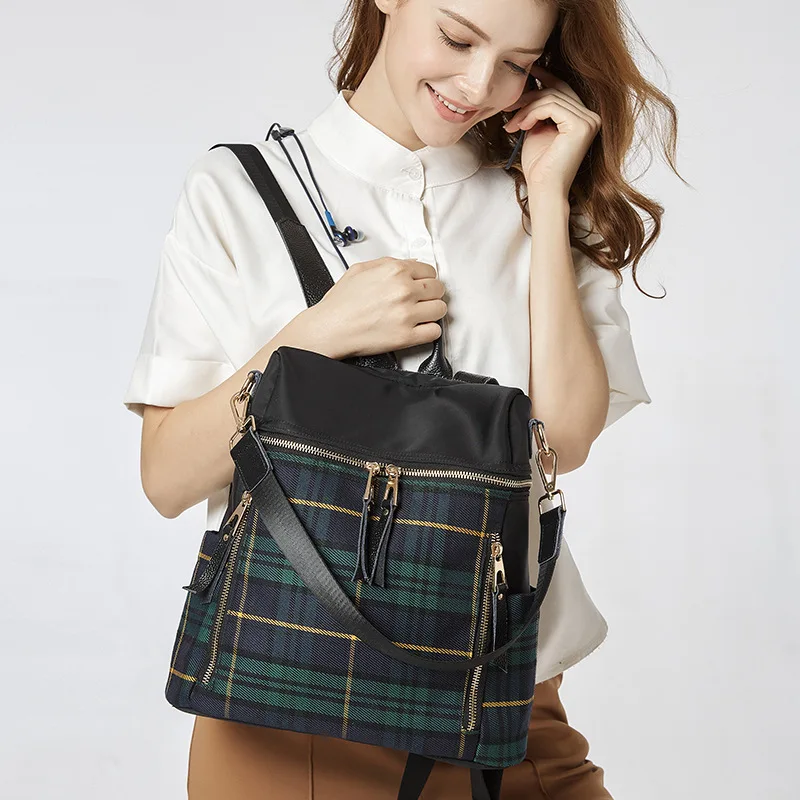 New contrasting plaid backpack for women's 2024 spring/summer dual-purpose Oxford cloth backpack travel bag trend